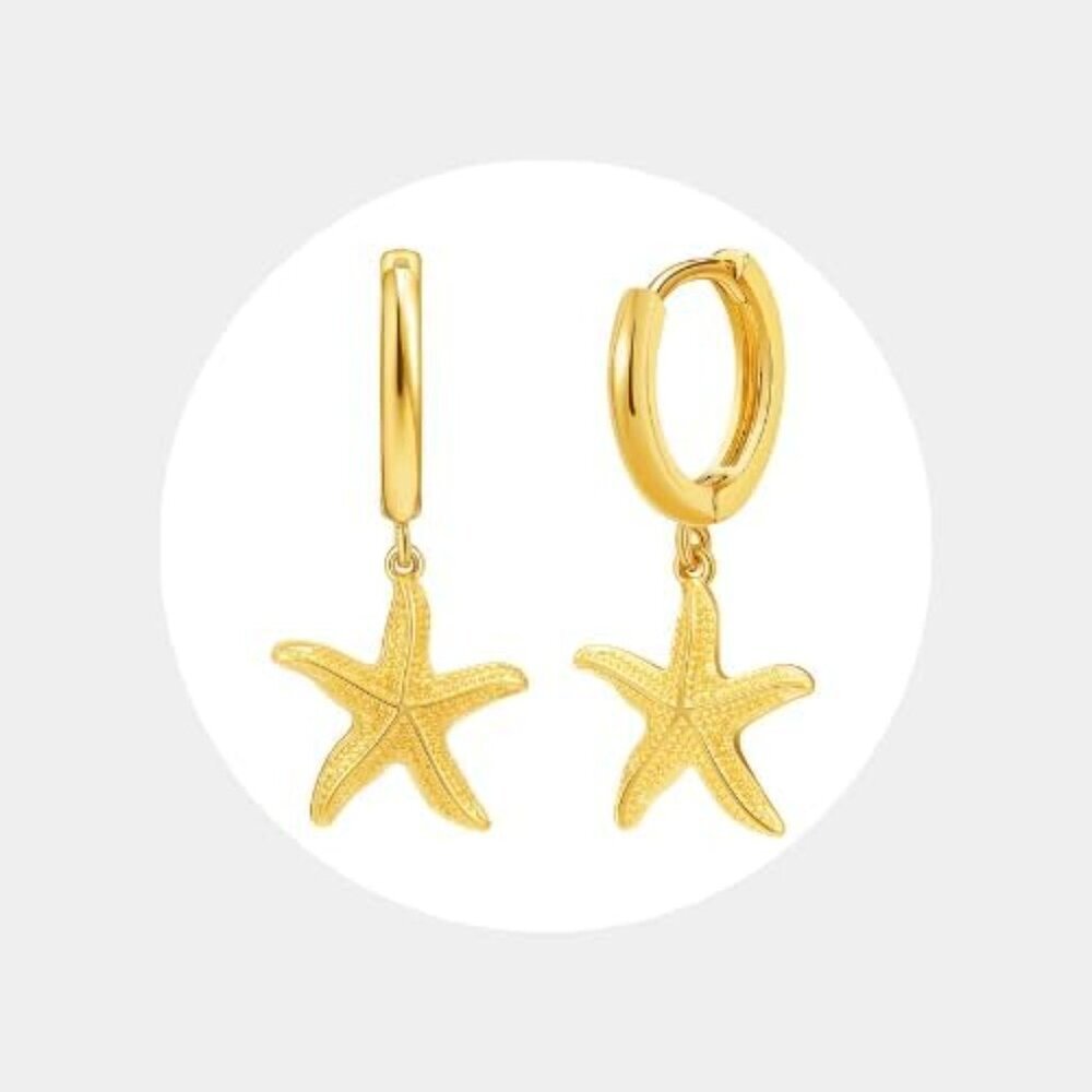 Huggie Earrings for Women - 14K Gold Plated Beach Sea Drop Dangle Earrings - Sta - Picture 7 of 7